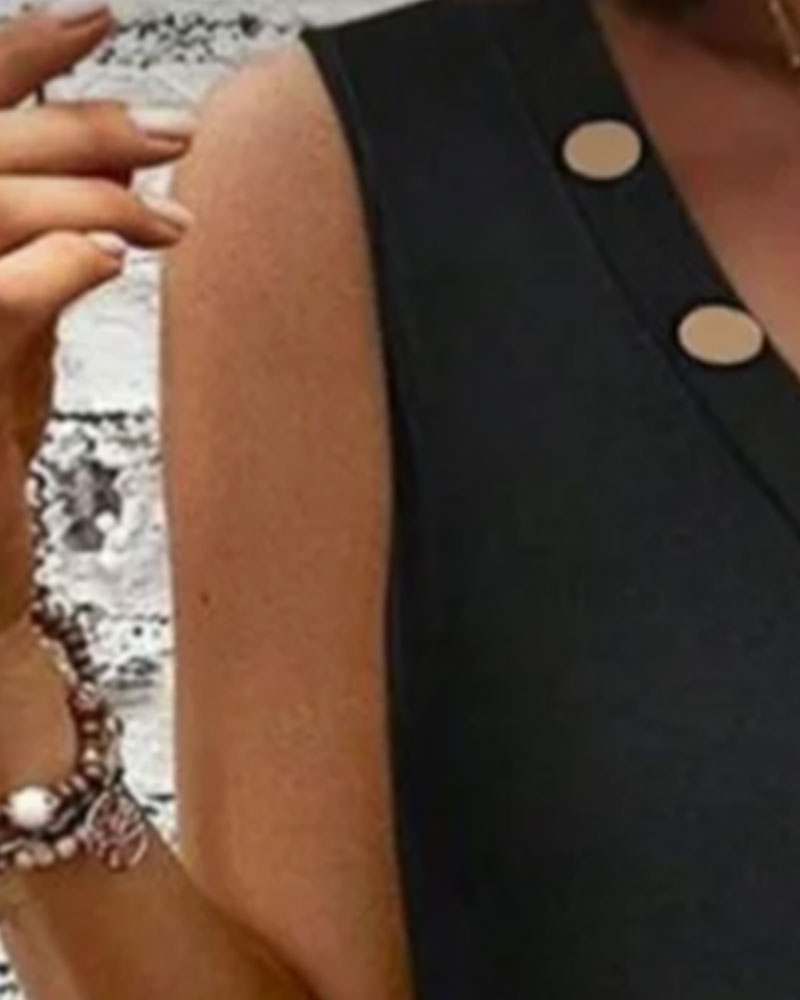 Oblique Placket Decorative Button Sleeveless Dress