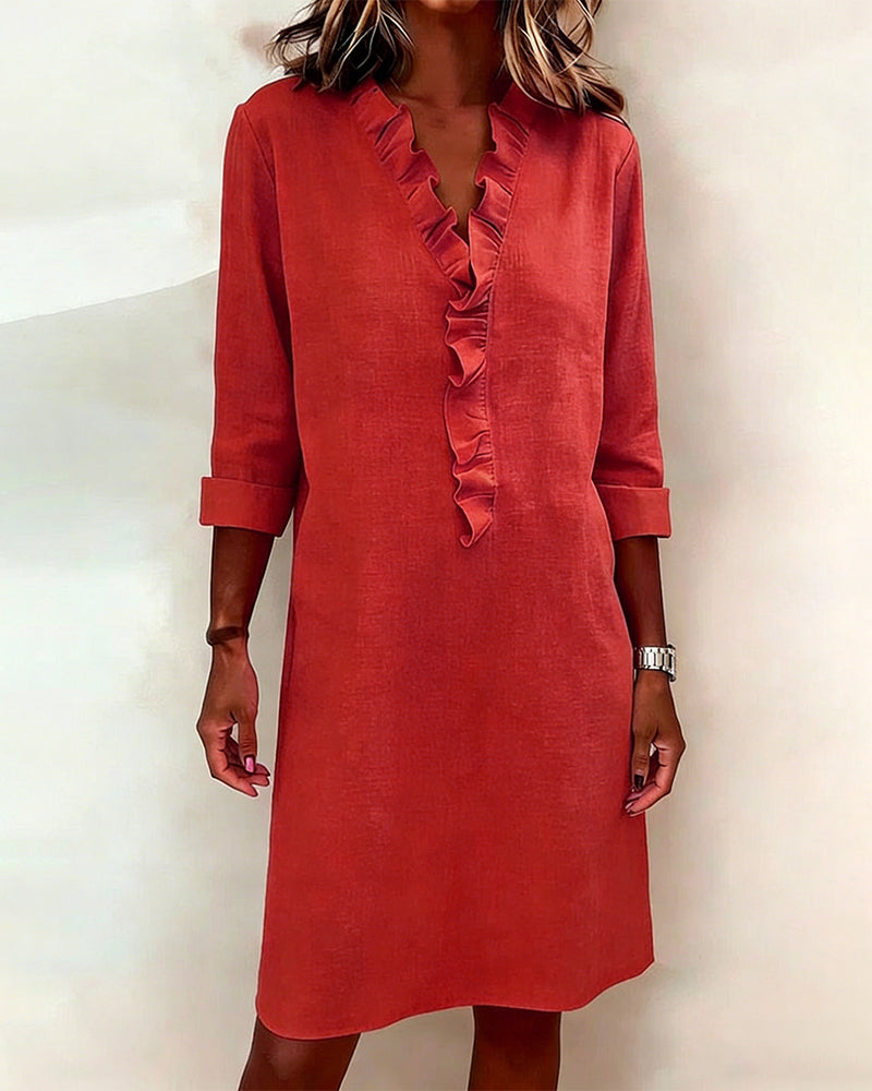 Ruffled V-Neck Solid Color Dress
