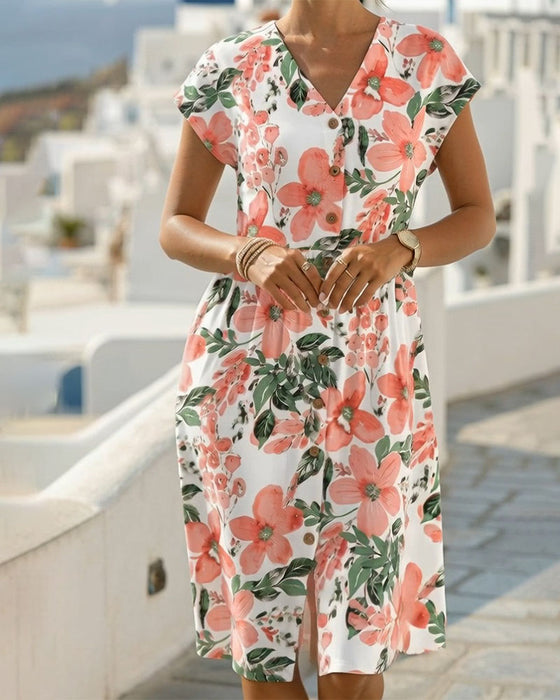 Floral Print V-Neck Short-Sleeve Dress