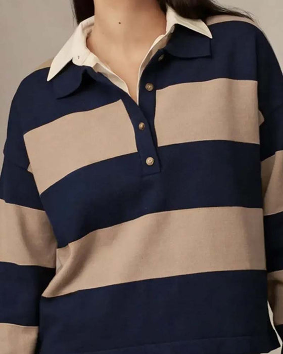 Wide Striped Buttoned Lapel Pullover