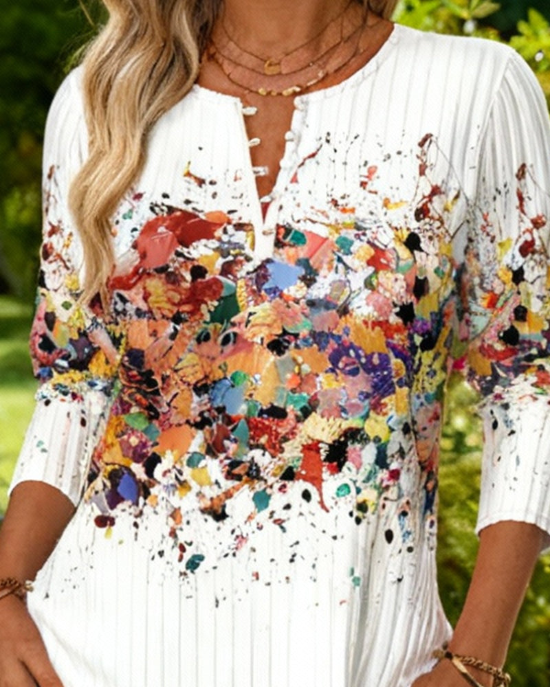 Open Button Print Ribbed Top