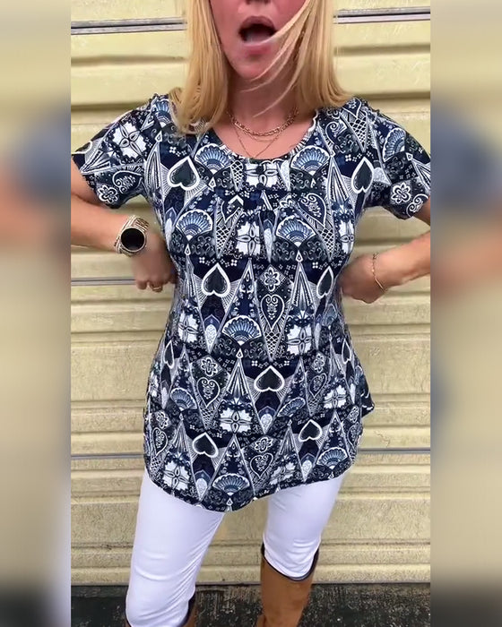 Casual Retro Crew Neck Printed T-Shirt