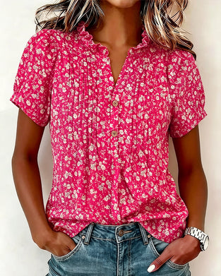 V-neck Button Floral Print Blouse