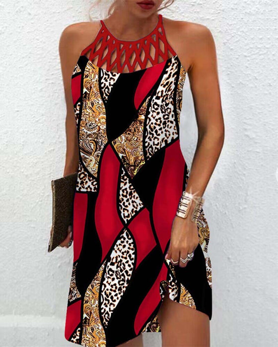 Hollow sleeveless contrast color dress