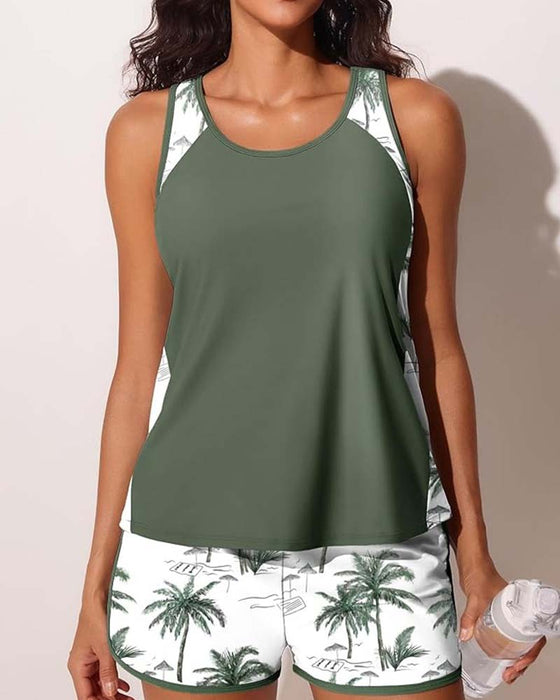 Color Block Boyleg Printed Tankini