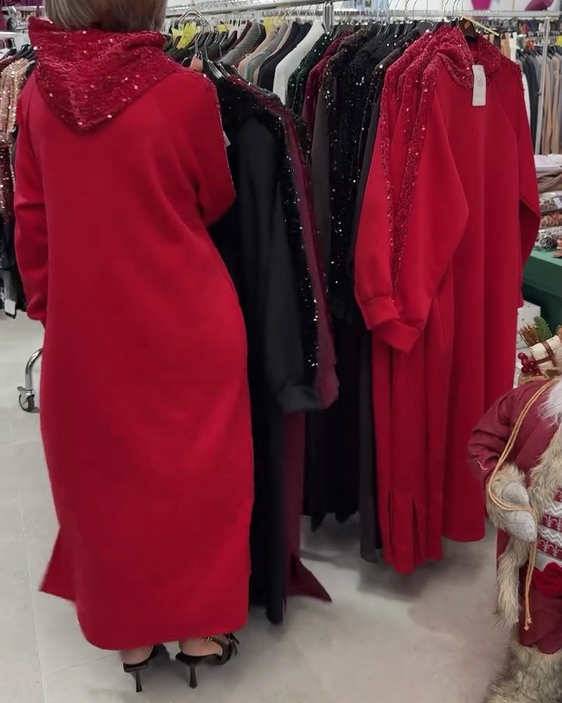 Hooded Sequin Patchwork Long Dress