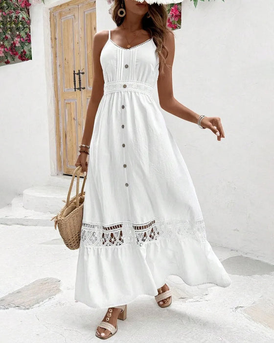 Spaghetti Strap Button Cutout V-Neck Dress