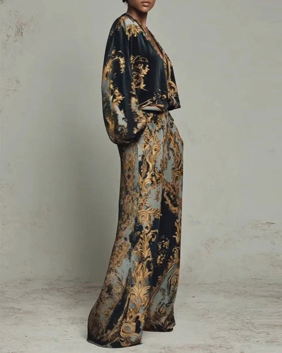 V-Neck Lantern Sleeve Wide Leg Pant Set