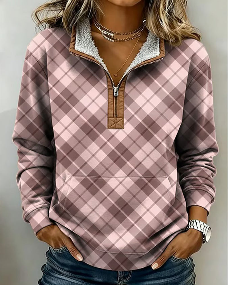 Half-Zip Collar Plaid Pocket Sweatshirt