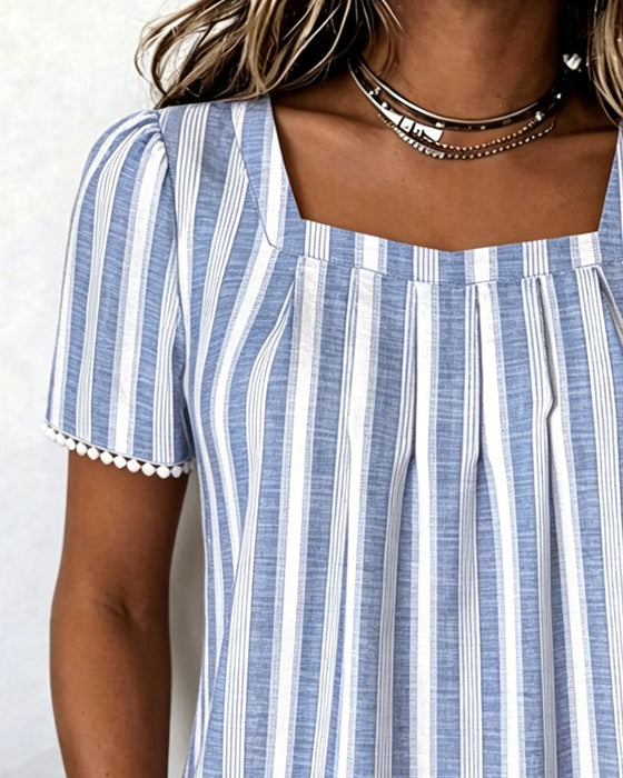 Striped Square-Neck Short-Sleeve Blouse