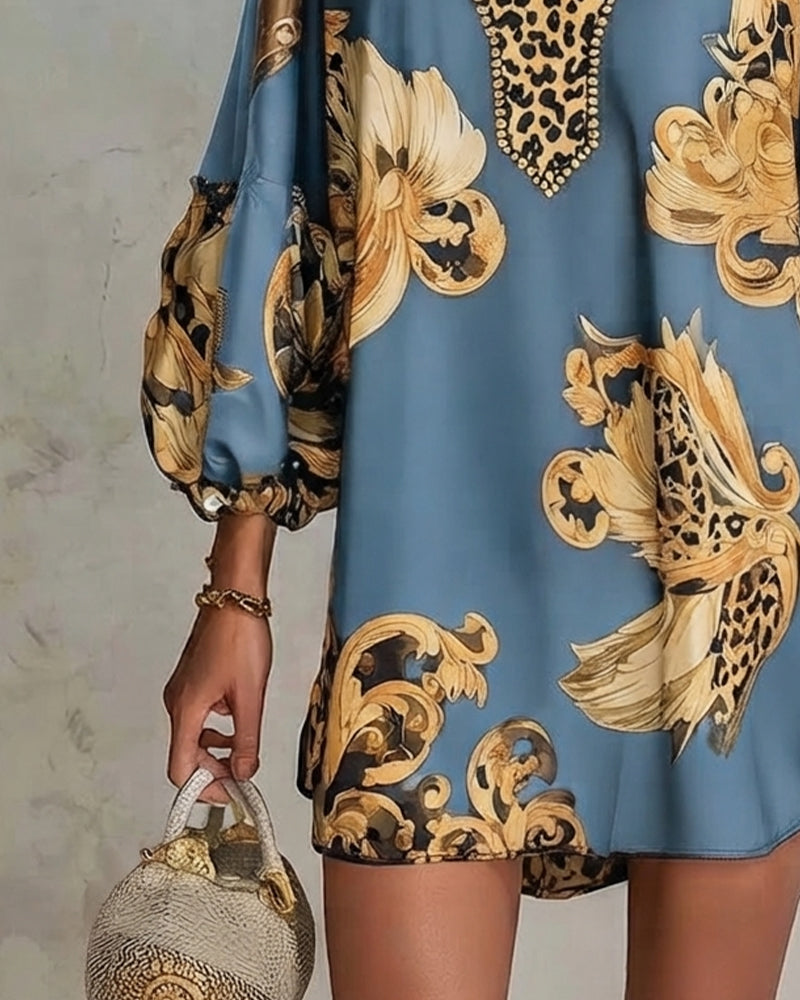 Leopard Lantern Sleeve Stand Collar Print Dress