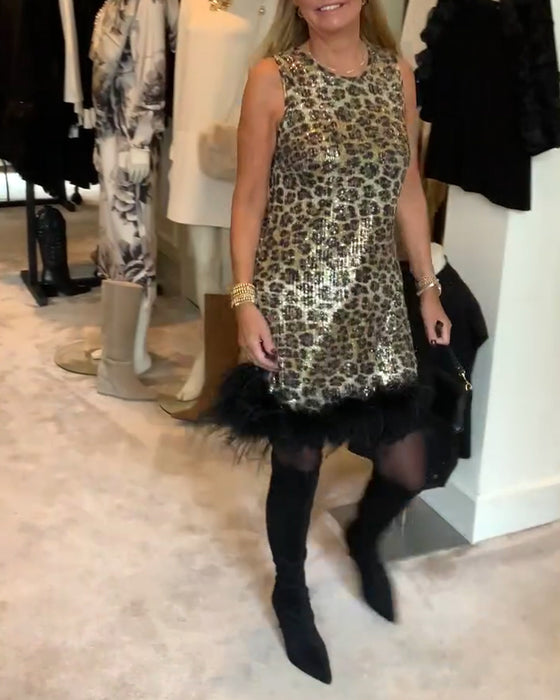 Sleeveless Leopard Print Ostrich Feather Fashion Dress