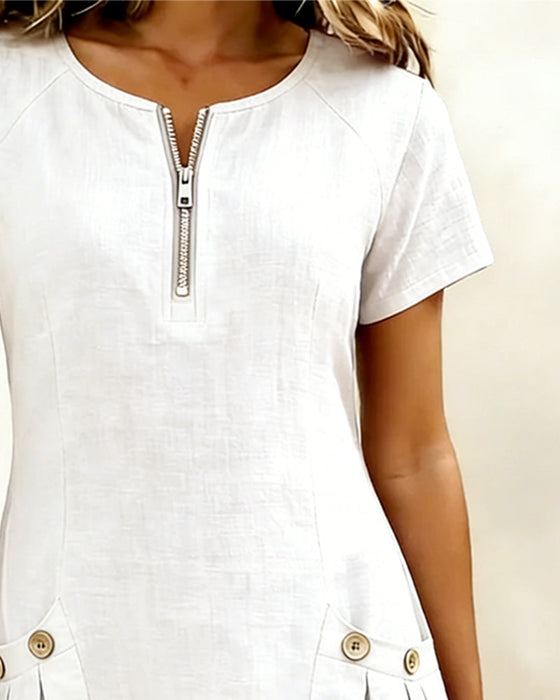 Zipper Pocket Cotton Linen Dress