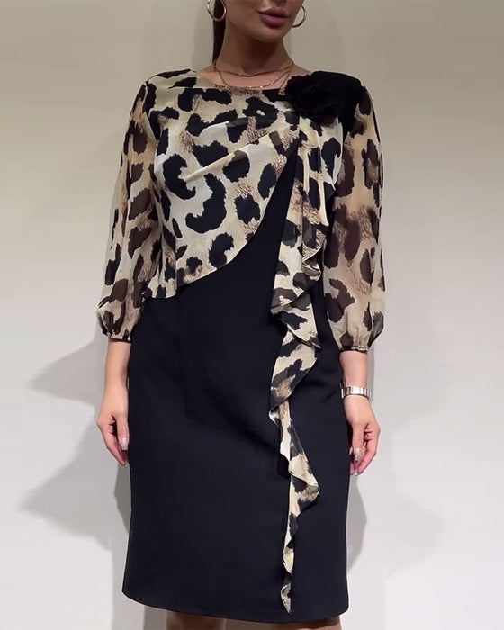 Leopard print splicing elegant dress