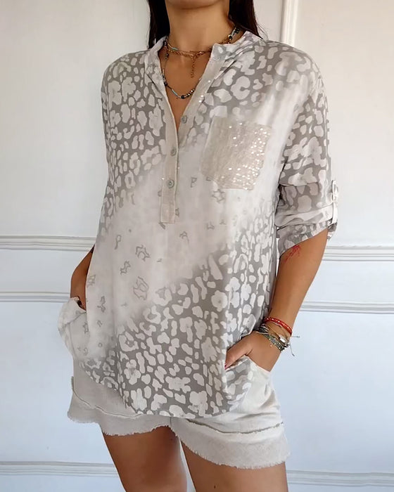 Casual Stand Collar Printed Blouse