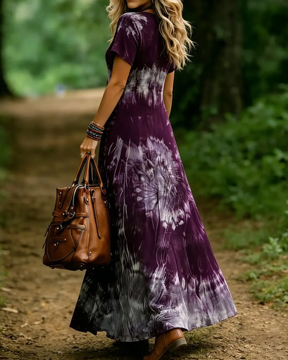 V-Neck Contrast Gradient Flared Dress