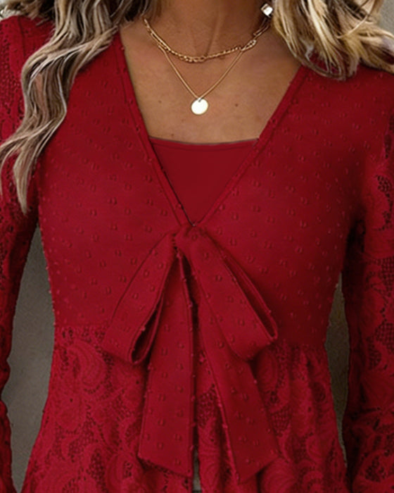 Solid Color Bell Sleeve V-Neck Blouse