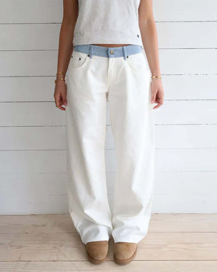 Striped Contrast Waistband Straight-Leg Pants