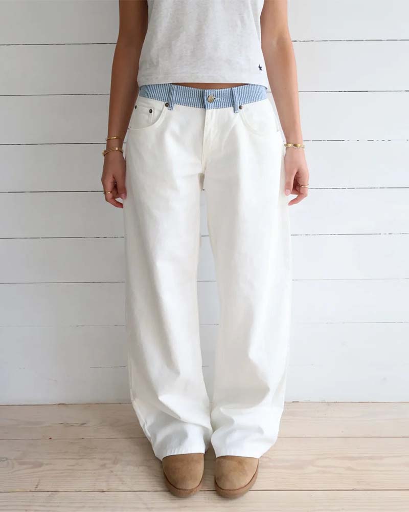 Striped Contrast Waistband Straight-Leg Pants
