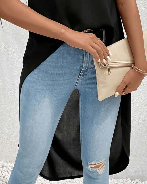 Round Neck Lace Irregular Blouse