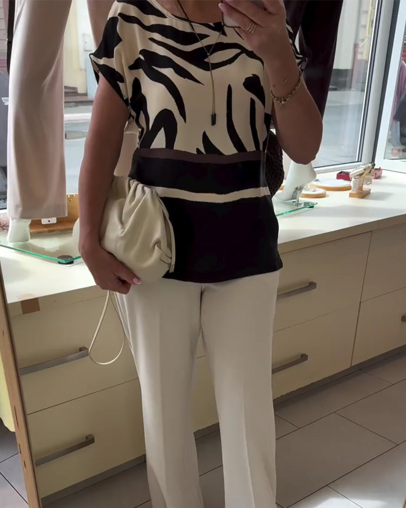 Round Neck Geometric Patchwork Short Sleeve Blouse