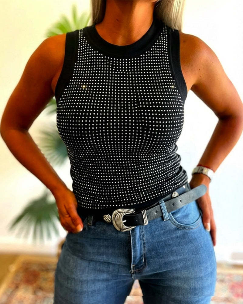 Solid Ribbed Rhinestone Fitted Tank Top