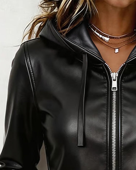 Hooded Faux Leather Zipper Coat
