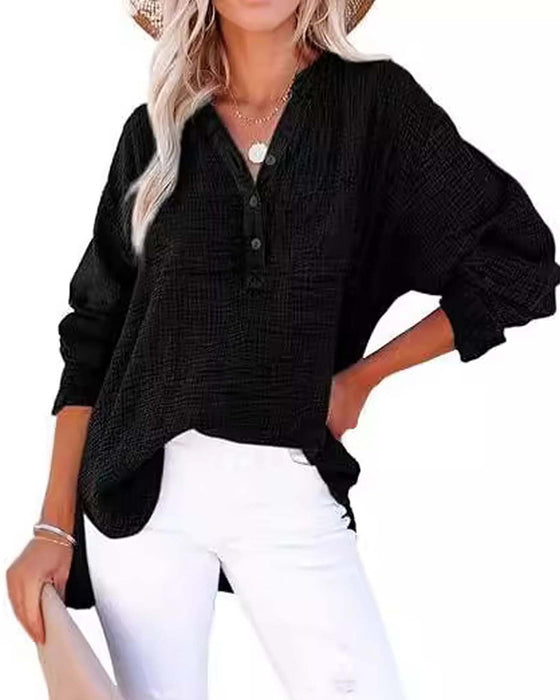Pleated Button Long Sleeve Blouse
