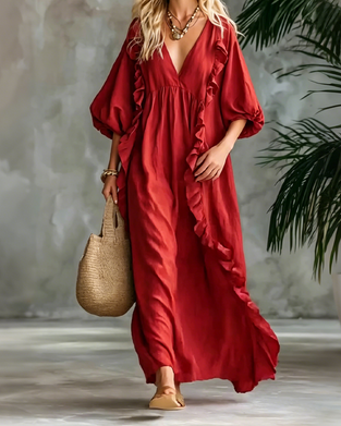 V-Neck Lantern Sleeve Loose Dress
