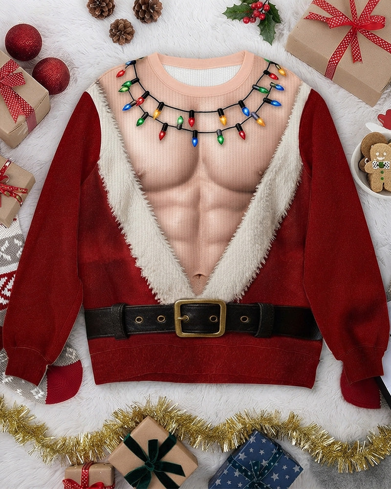 Crew Neck Muscle Print Christmas Style Sweatshirt