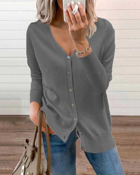 Plain Knitted Top With Button Closure And V-Neck For Women