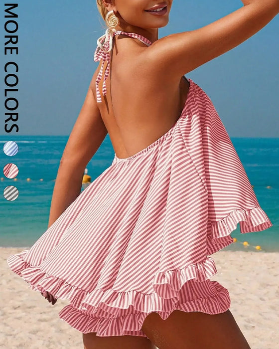 Striped Halter Backless Strappy Set