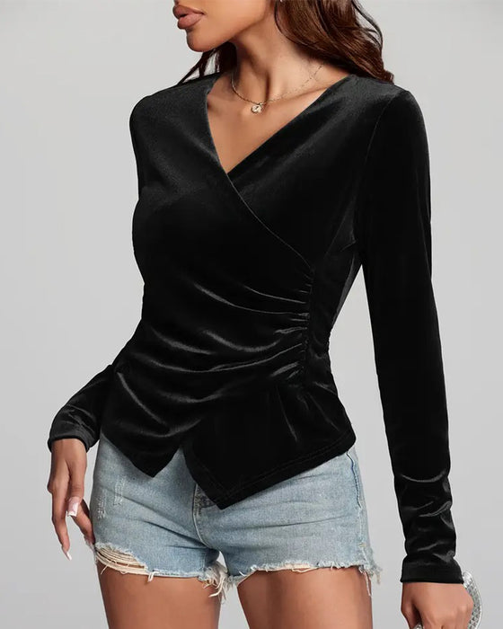 Elegant V-Neck Velvet Ruching Top