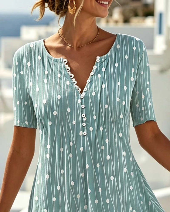 V-Neck Button Polka-Dot Striped Dress