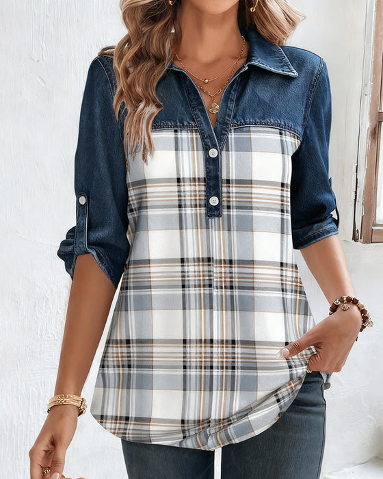 Denim Plaid Patchwork Shirt