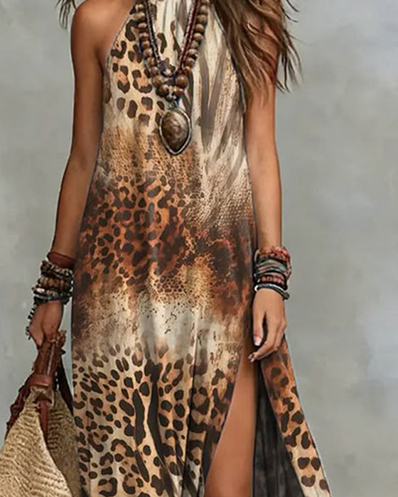 High-Cut Halter Neck Leopard Print Dress