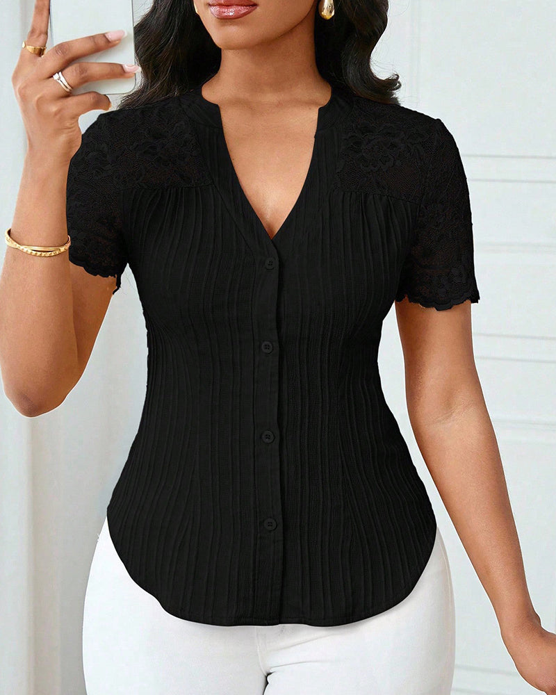 Single-Breasted Solid Color Hollow-Out Blouse