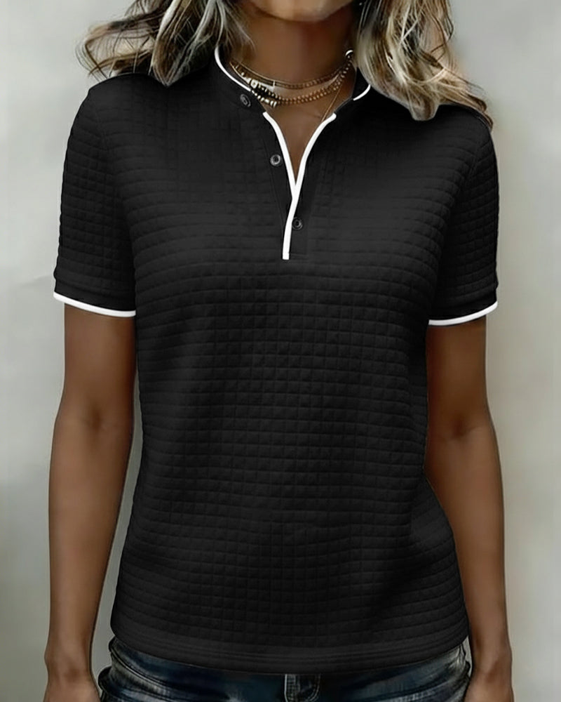 Waffle-Knit Button-Down Short-Sleeved Top