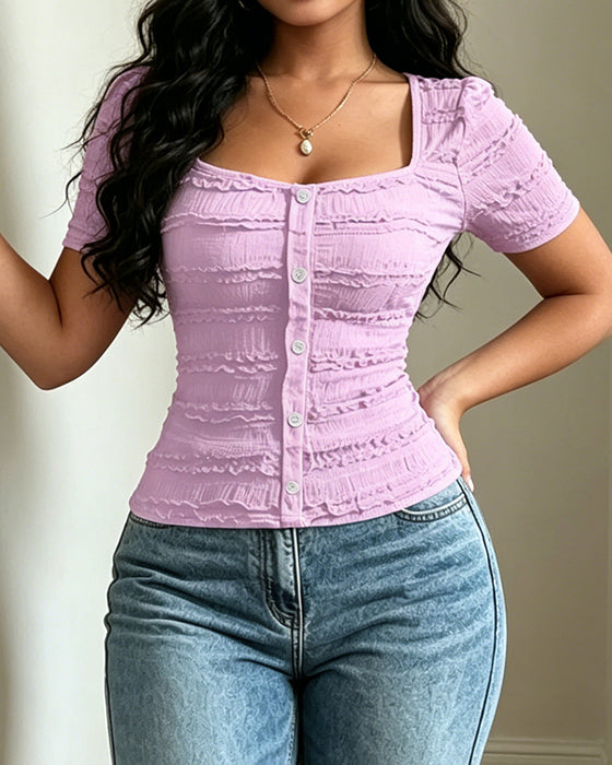 Square Neck Button Waist-Cinching Slim-Fit Solid Color T-Shirt