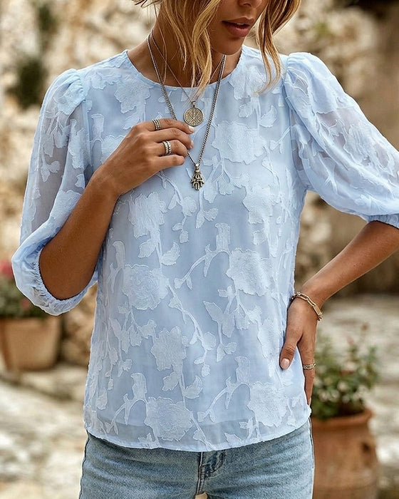 Round Neck Puff Sleeves Blouse