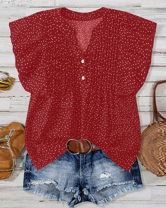 Ruffle Sleeve V-Neck Polka Dot Blouse