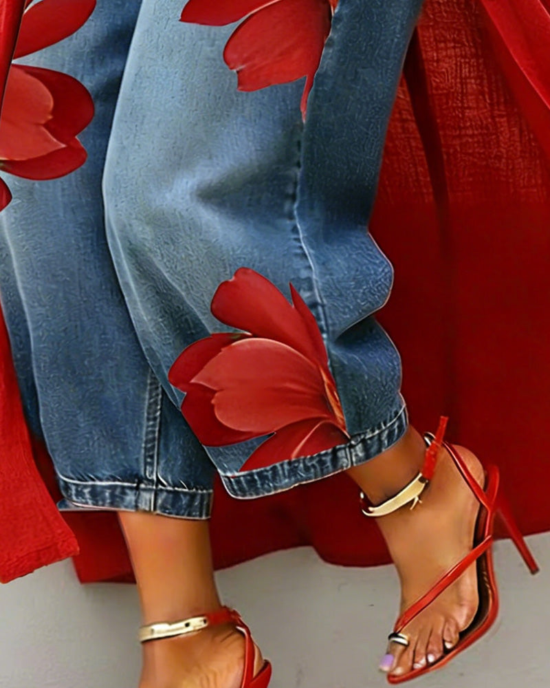 Red Floral Print Cropped Wide Leg Jeans