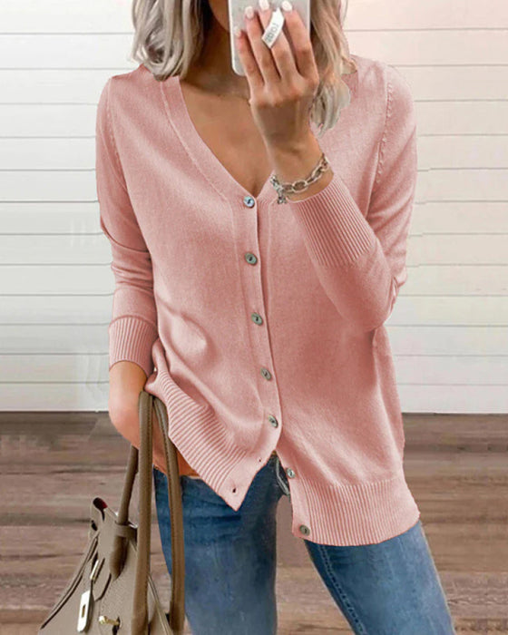 Plain Knitted Top With Button Closure And V-Neck For Women
