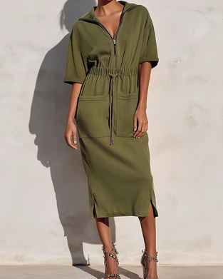 Zip Lapel Waist Pocket Dress