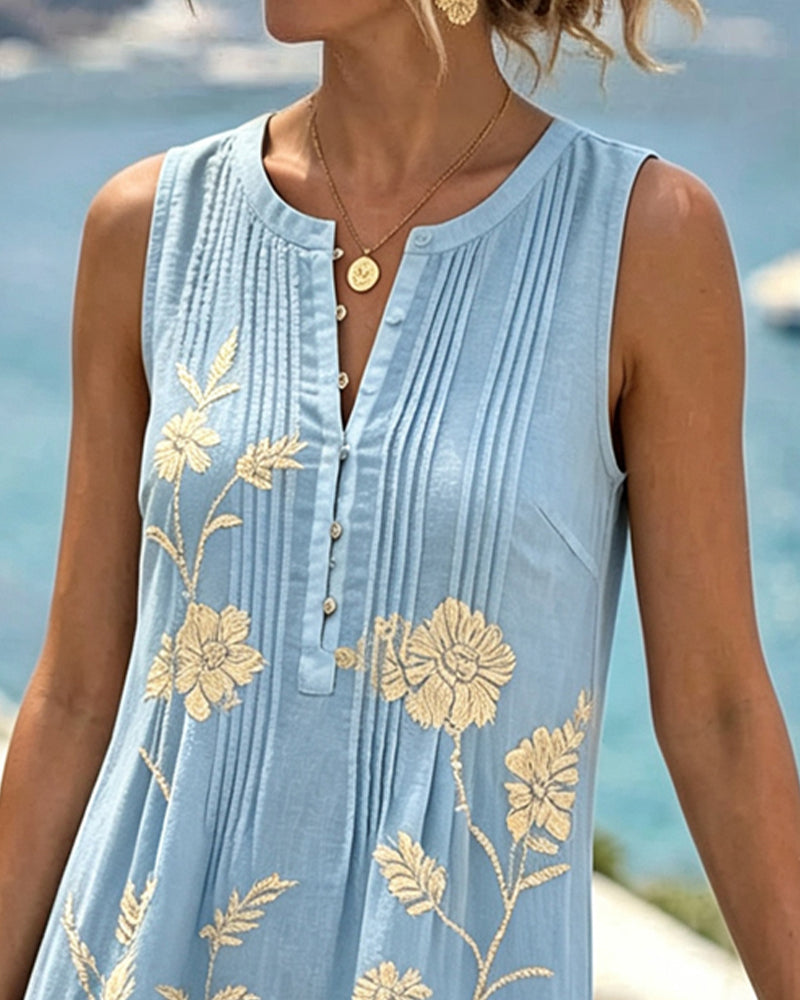 Round Neck Sleeveless Button Pleated Print Dress