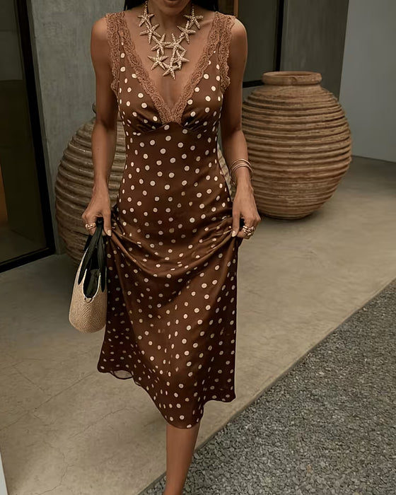 V-Neck Polka Dot Lace Patchwork Dresses
