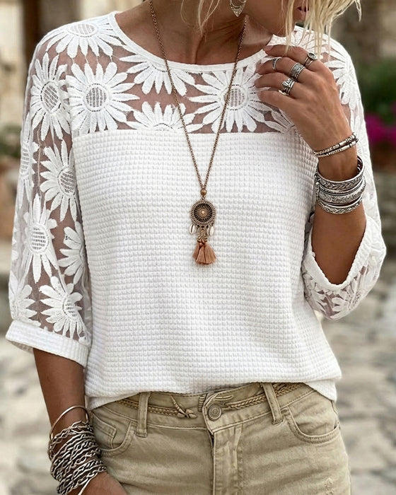 Round Neck Lace Waffle Patchwork T-Shirt