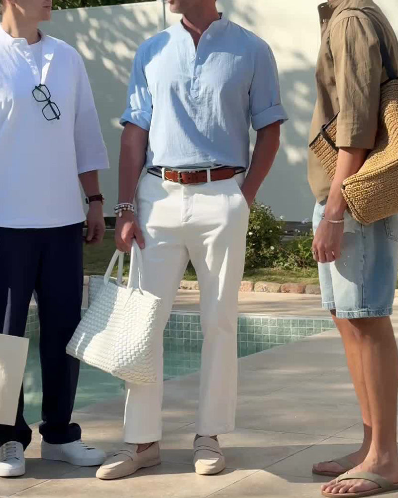 Men's Linen Cotton 3/4 Sleeve Henley Shirt, Casual Lightweight Summer Tops