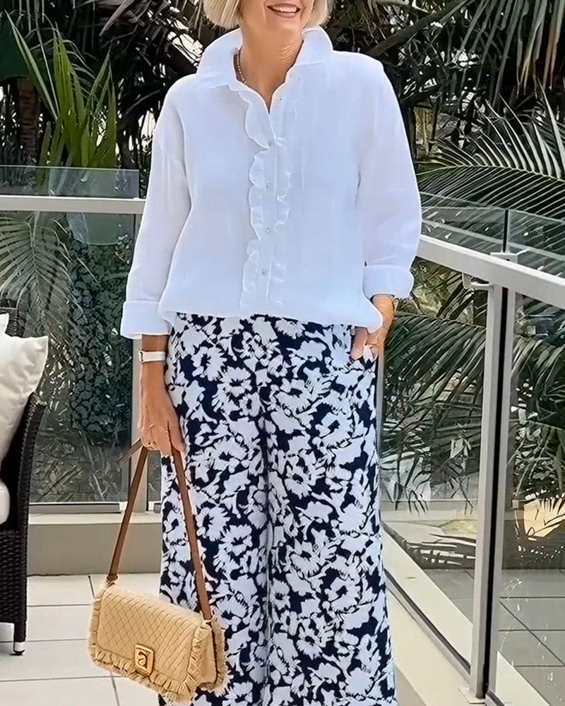 Ruffled Long-Sleeved Solid-Color Collared Blouse