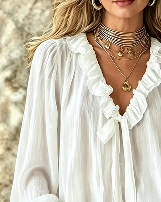 Ruffle Collar Tie Long Sleeve Blouse
